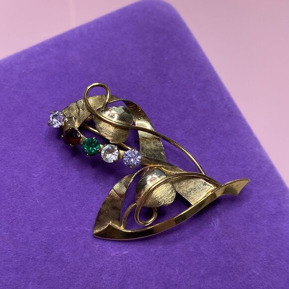 💛 Vintage Vermeil Family Tree Crystal Birthstone Brooch - Picture 1 of 5